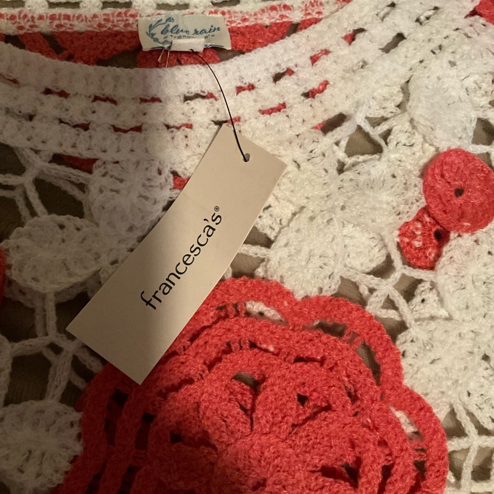 Francesca’s  Pink and White Crochet Lace Sweater NWT - Picture 2 of 3